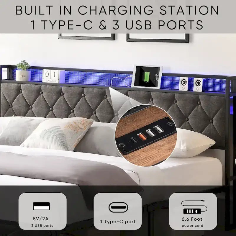 Cadre de lit King avec tête de lit de rangement, station de recharge et lumières LED, lit plateforme rembourré avec lattes métalliques, aucun sommier tapissier requis