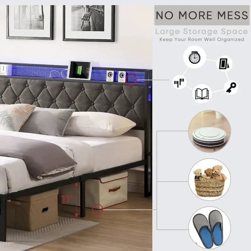 Cadre de lit King avec tête de lit de rangement, station de recharge et lumières LED, lit plateforme rembourré avec lattes métalliques, aucun sommier tapissier requis