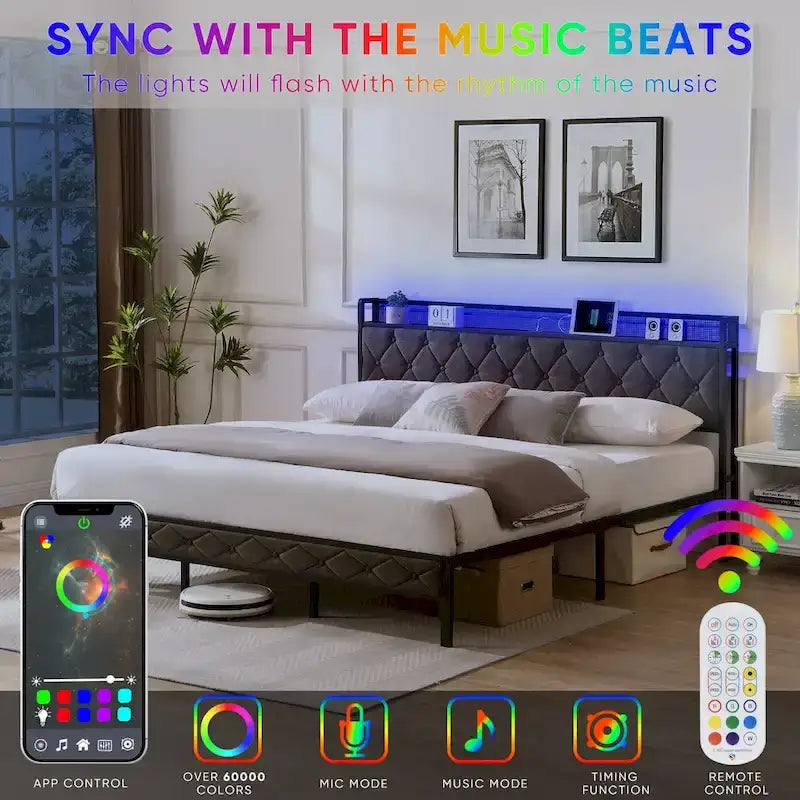 Cadre de lit King avec tête de lit de rangement, station de recharge et lumières LED, lit plateforme rembourré avec lattes métalliques, aucun sommier tapissier requis