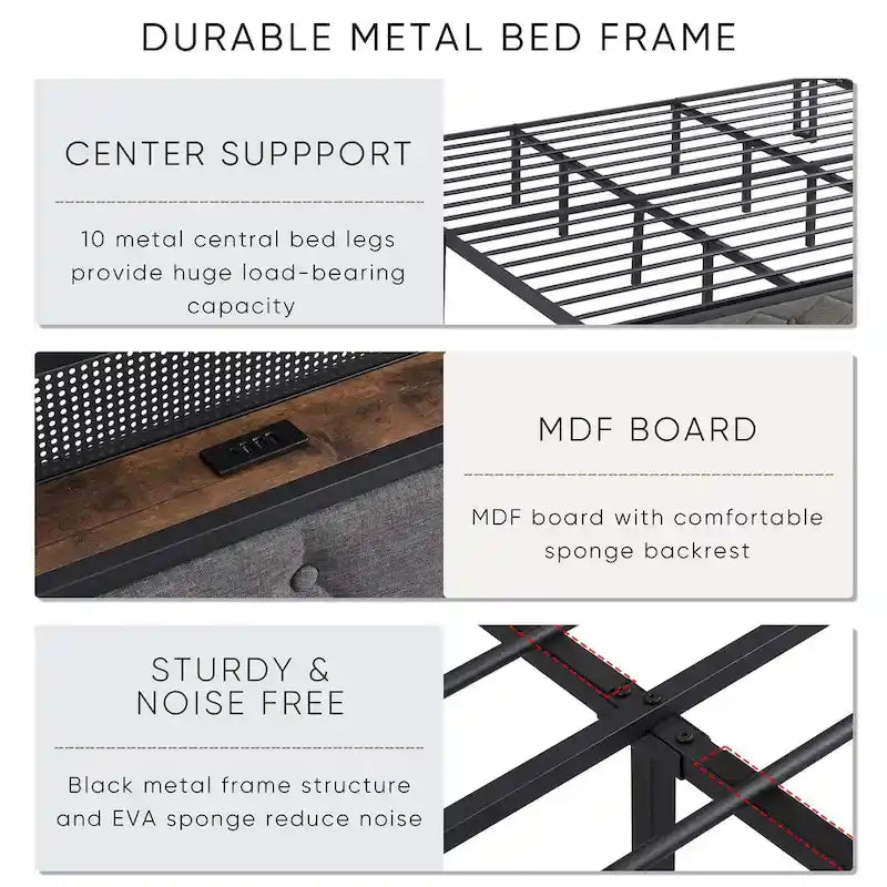 Cadre de lit King avec tête de lit de rangement, station de recharge et lumières LED, lit plateforme rembourré avec lattes métalliques, aucun sommier tapissier requis