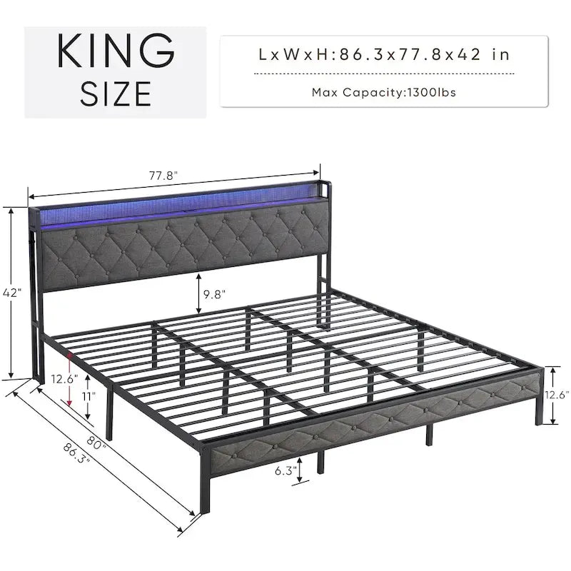 Cadre de lit King avec tête de lit de rangement, station de recharge et lumières LED, lit plateforme rembourré avec lattes métalliques, aucun sommier tapissier requis