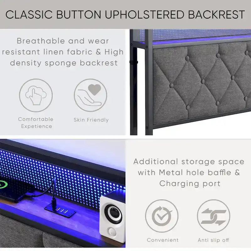 Cadre de lit King avec tête de lit de rangement, station de recharge et lumières LED, lit plateforme rembourré avec lattes métalliques, aucun sommier tapissier requis