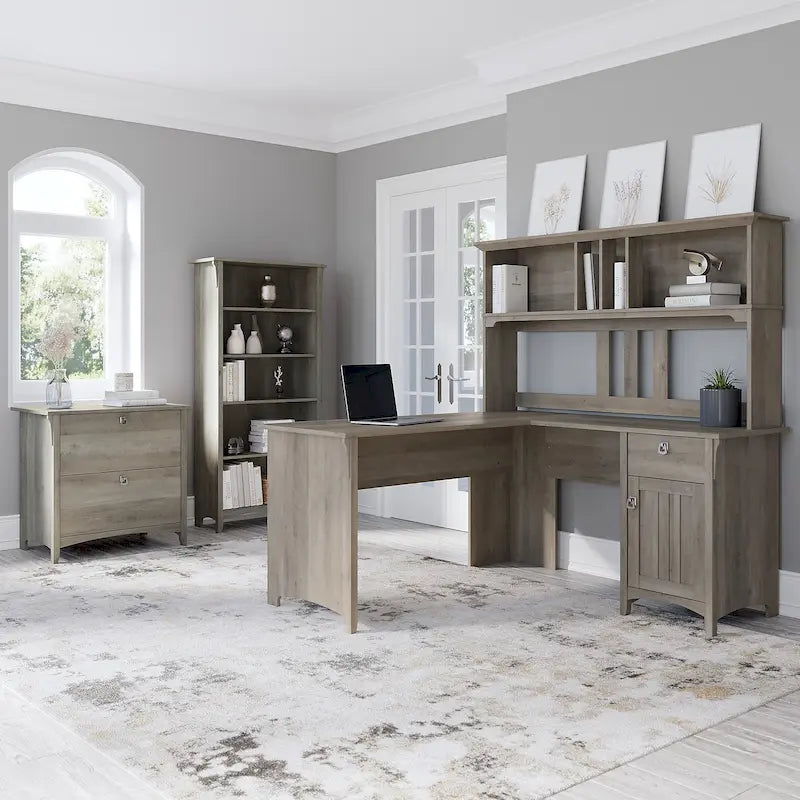 Bureau en L de 60W avec huche, classeur et bibliothèque