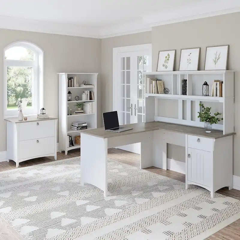 Bureau en L de 60W avec huche, classeur et bibliothèque