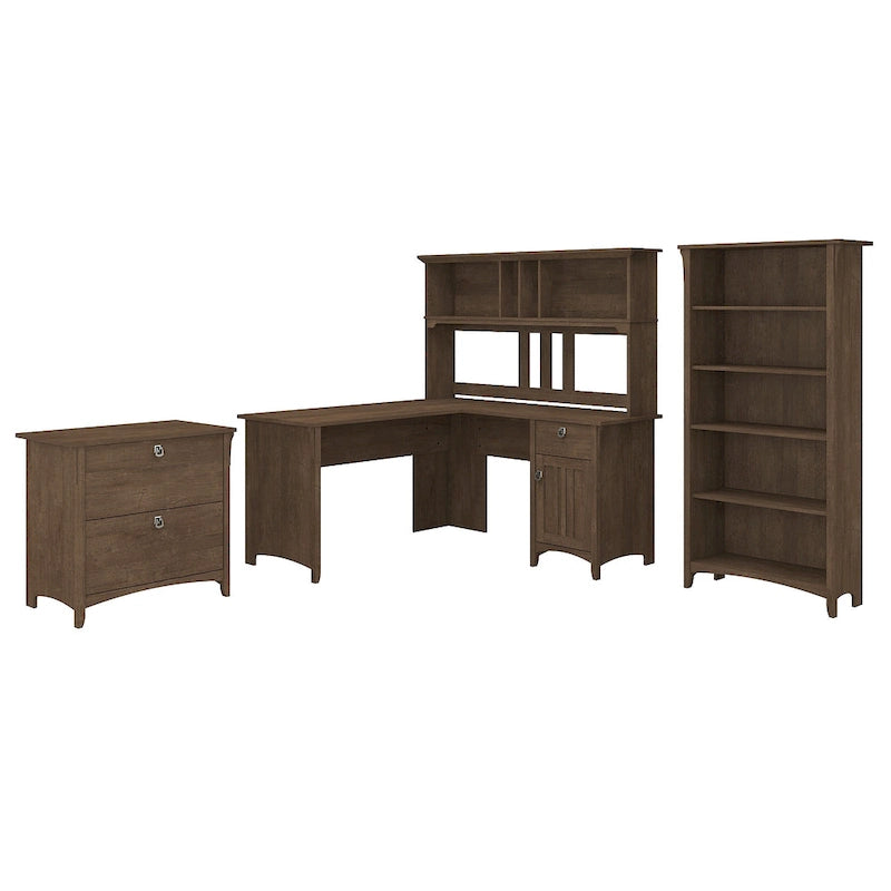 Bureau en L de 60W avec huche, classeur et bibliothèque