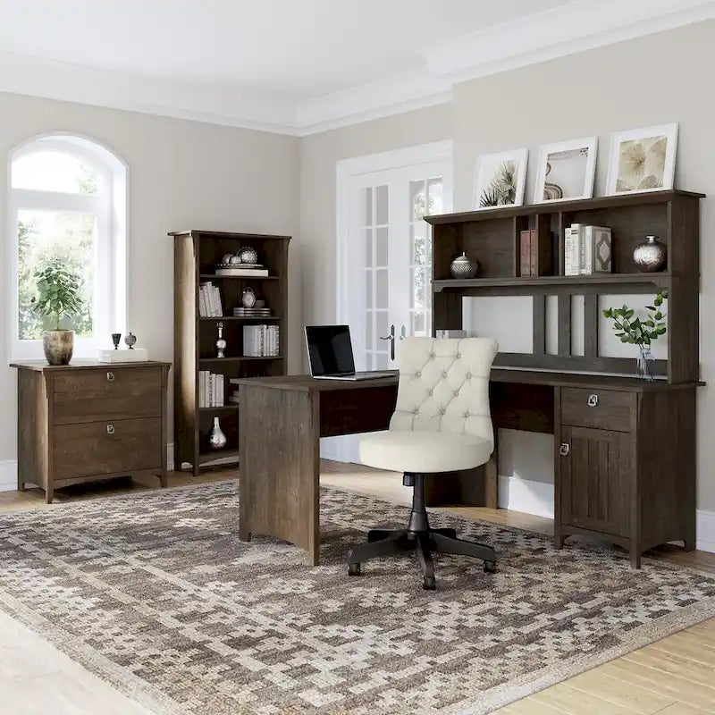 Bureau en L de 60W avec huche, classeur et bibliothèque