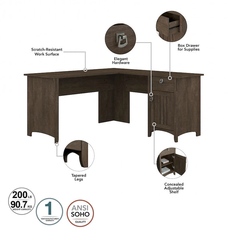 Bureau en L de 60W avec huche, classeur et bibliothèque
