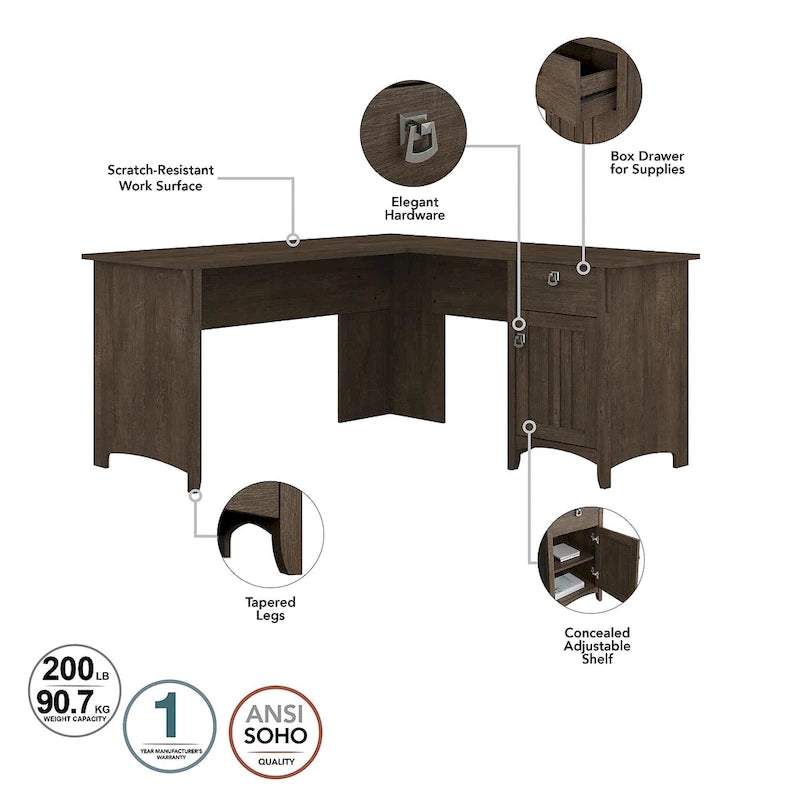 Bureau en L de 60W avec huche, classeur et bibliothèque