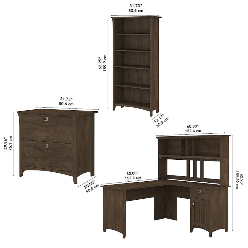 Bureau en L de 60W avec huche, classeur et bibliothèque