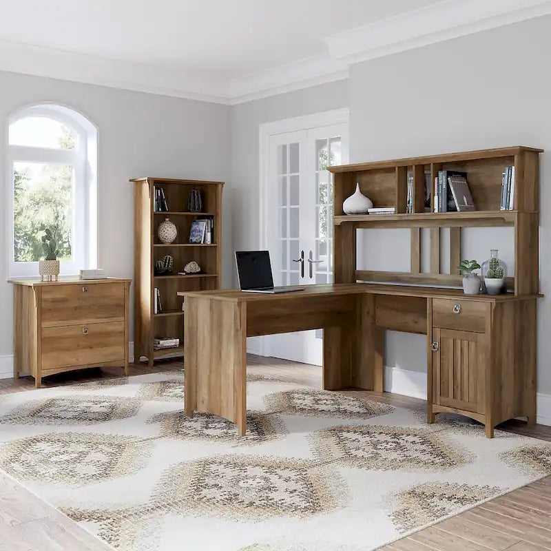 Bureau en L de 60W avec huche, classeur et bibliothèque