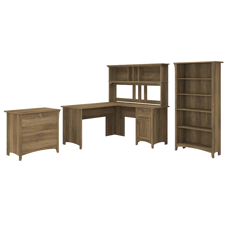 Bureau en L de 60W avec huche, classeur et bibliothèque
