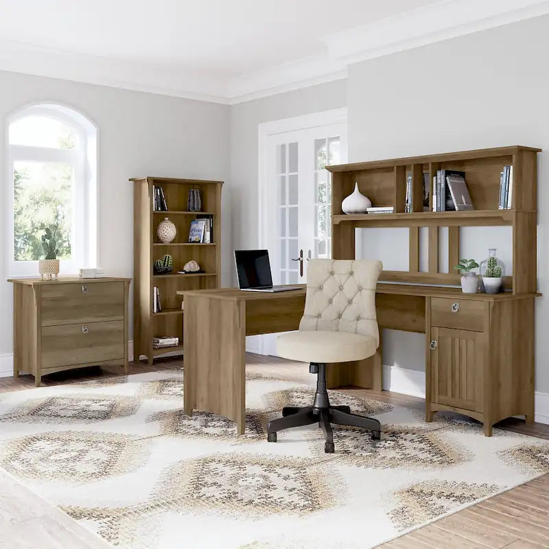 Bureau en L de 60W avec huche, classeur et bibliothèque