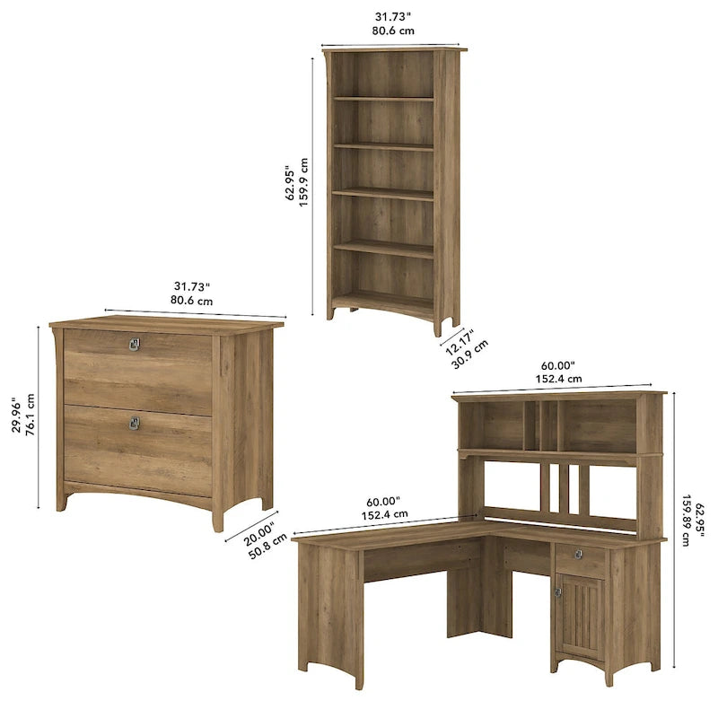 Bureau en L de 60W avec huche, classeur et bibliothèque