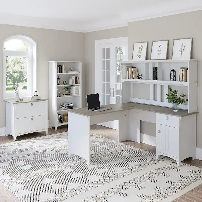 Bureau en L de 60W avec huche, classeur et bibliothèque