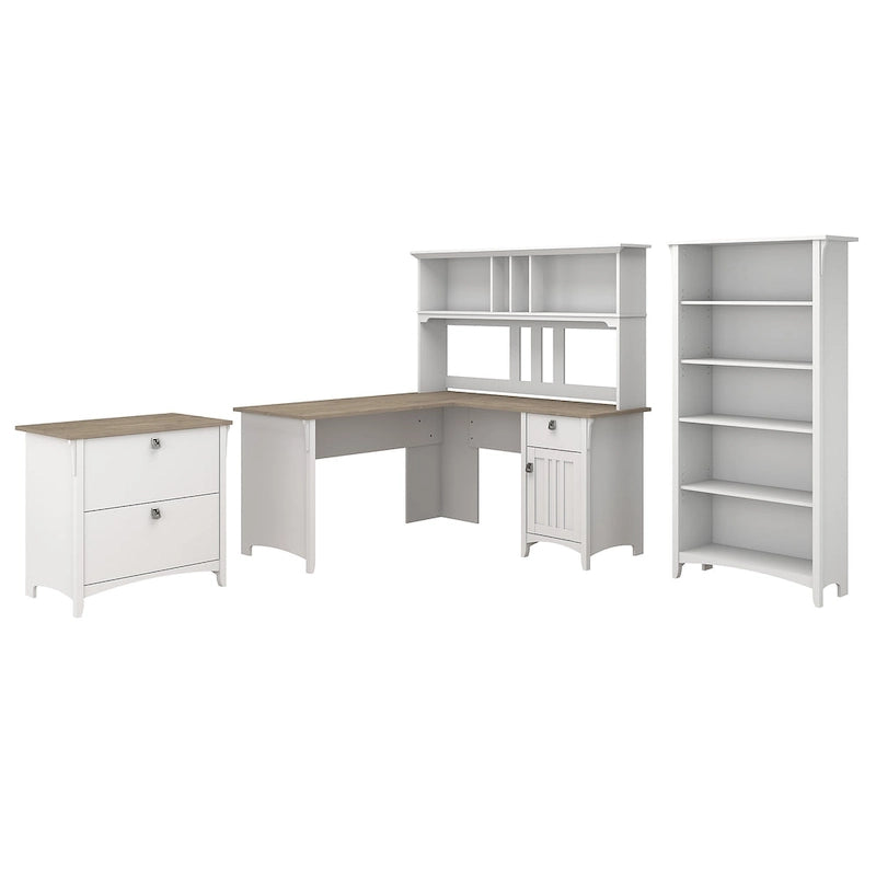 Bureau en L de 60W avec huche, classeur et bibliothèque