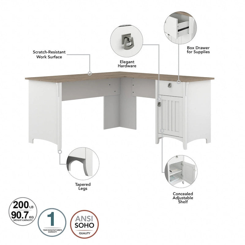 Bureau en L de 60W avec huche, classeur et bibliothèque
