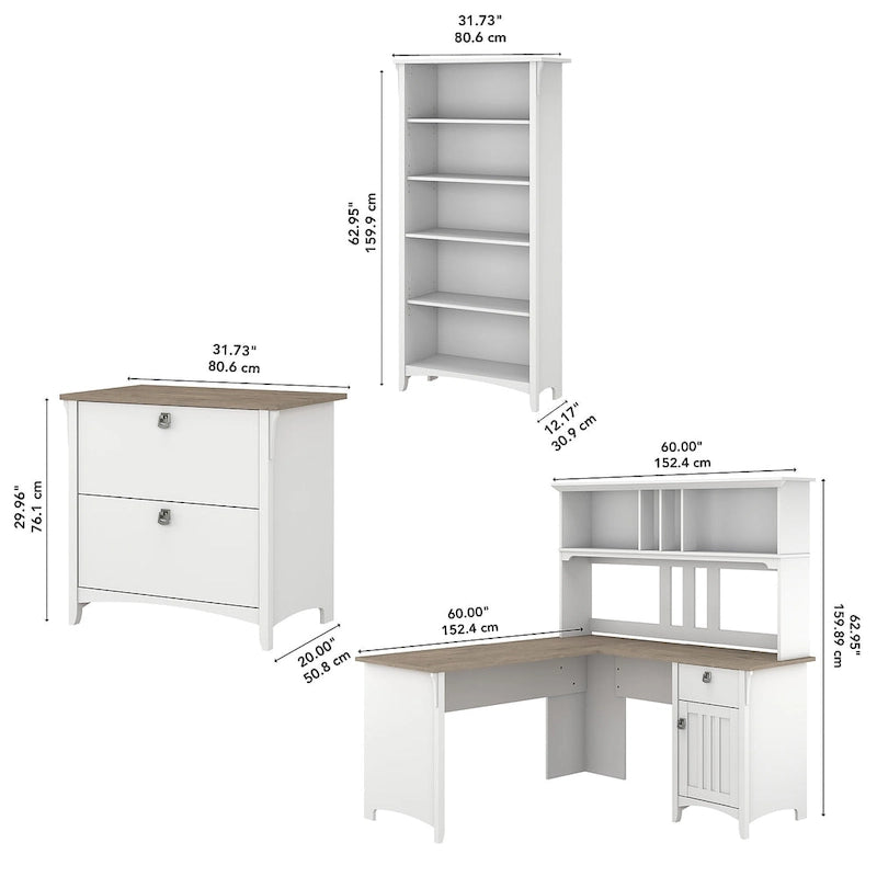 Bureau en L de 60W avec huche, classeur et bibliothèque