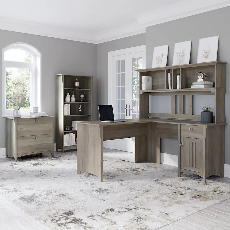 Bureau en L de 60W avec huche, classeur et bibliothèque