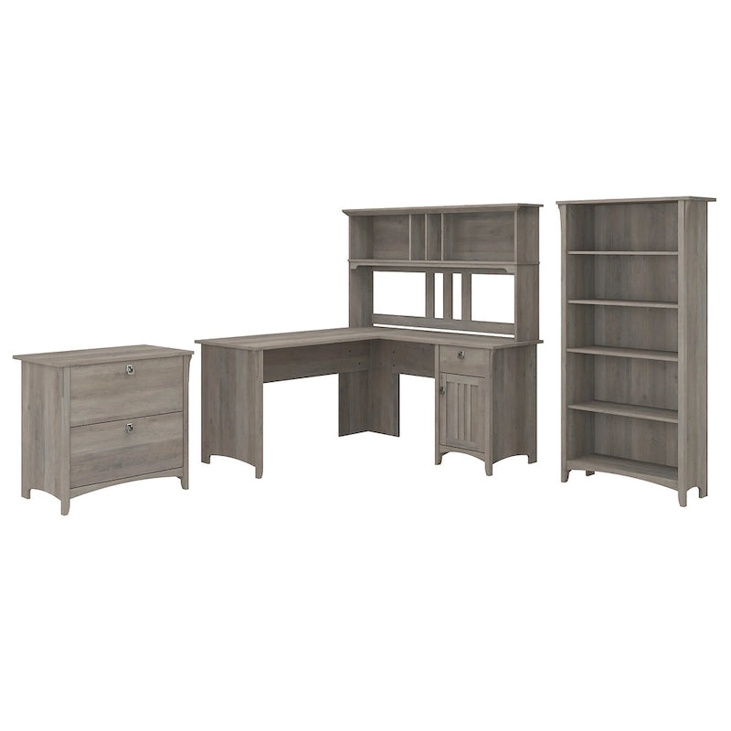 Bureau en L de 60W avec huche, classeur et bibliothèque