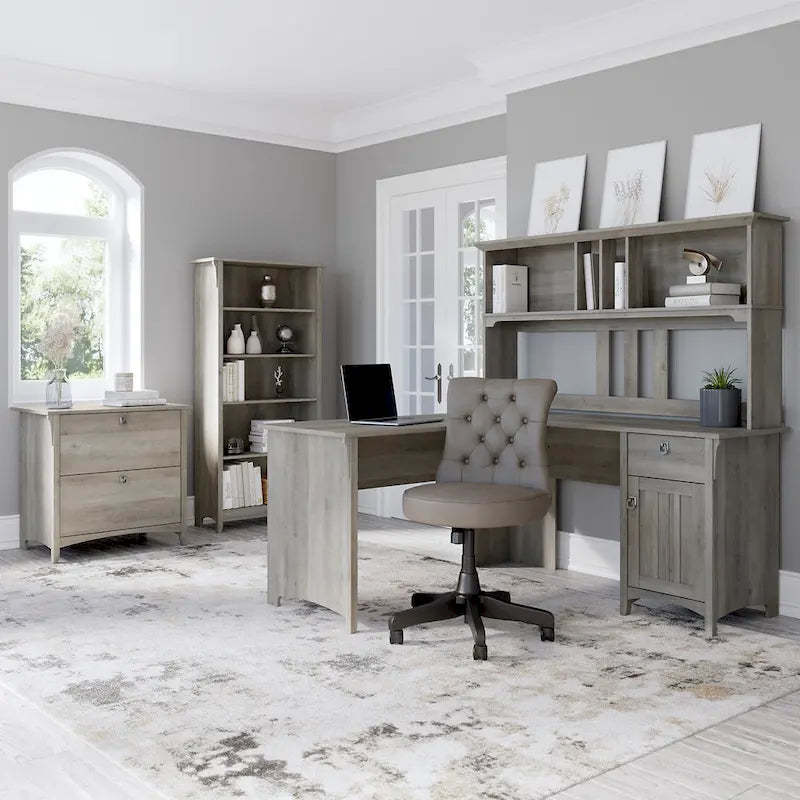 Bureau en L de 60W avec huche, classeur et bibliothèque