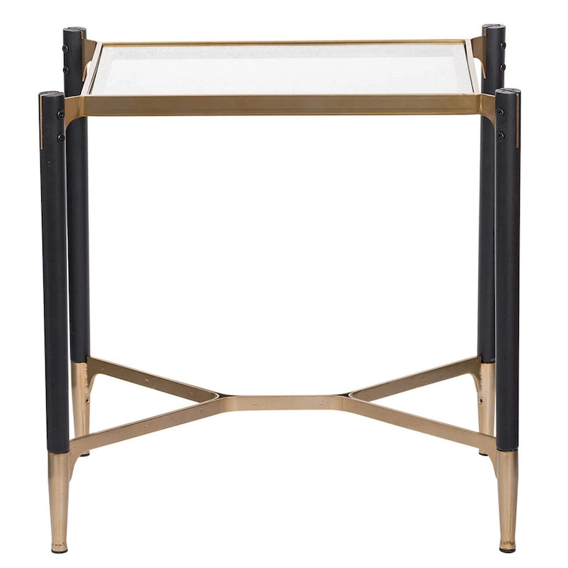 Table d'appoint rectangulaire noir mat et or avec plateau en verre