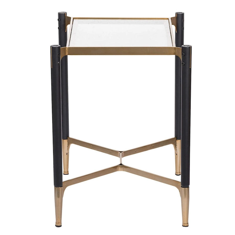 Table d'appoint rectangulaire noir mat et or avec plateau en verre