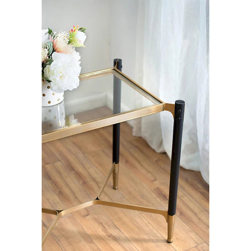 Table d'appoint rectangulaire noir mat et or avec plateau en verre