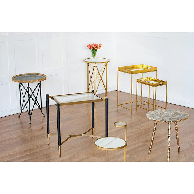 Table d'appoint rectangulaire noir mat et or avec plateau en verre