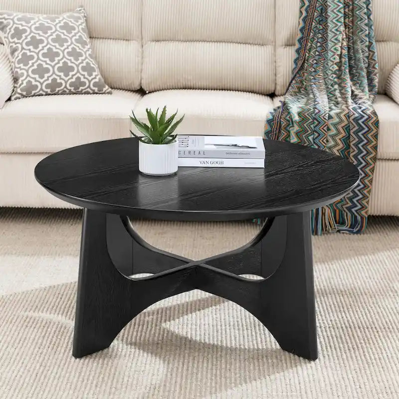 Table basse ronde de 36 po en placage de bouleau avec pieds croisés