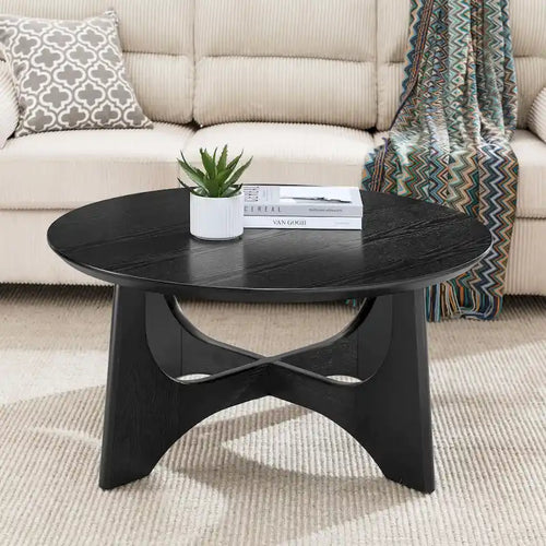 Table basse ronde de 36 po en placage de bouleau avec pieds croisés