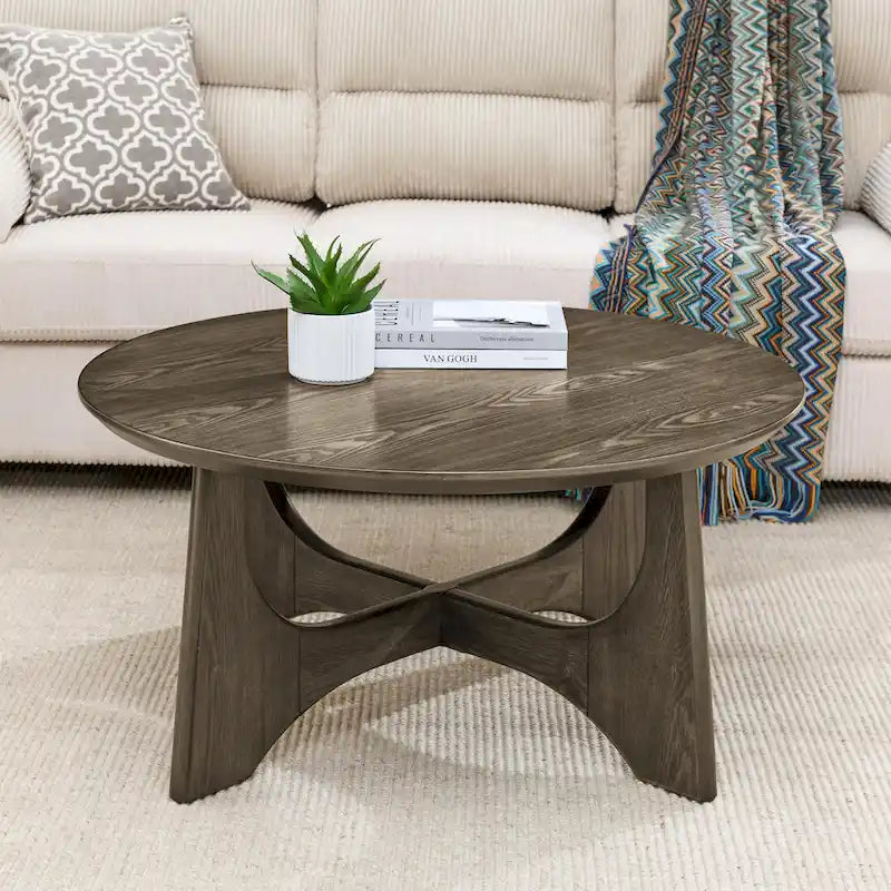 Table basse ronde de 36 po en placage de bouleau avec pieds croisés