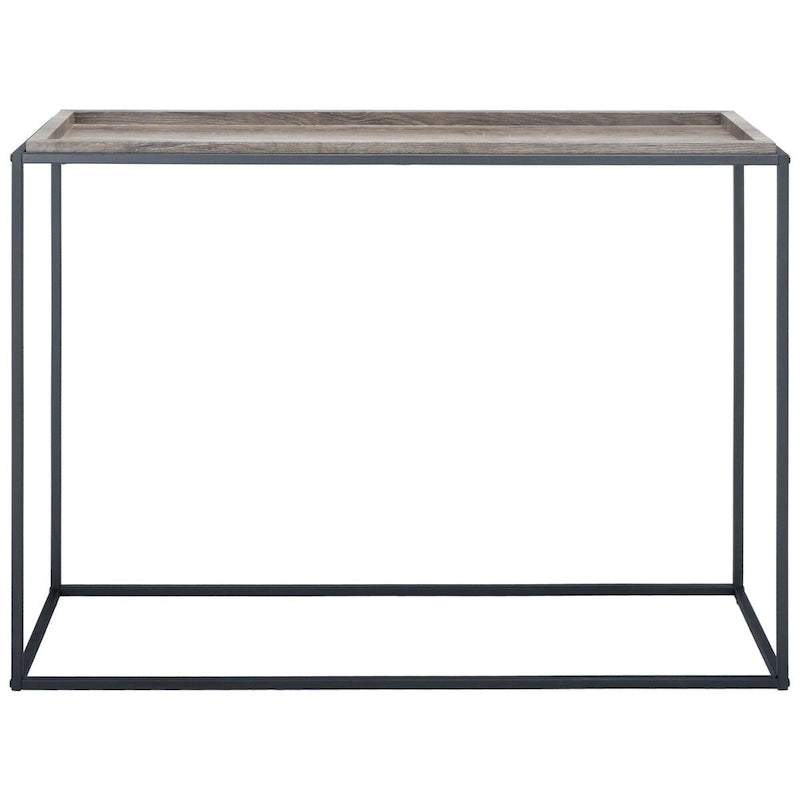 Table console minimaliste moderne avec structure en métal noir et plateau en bois