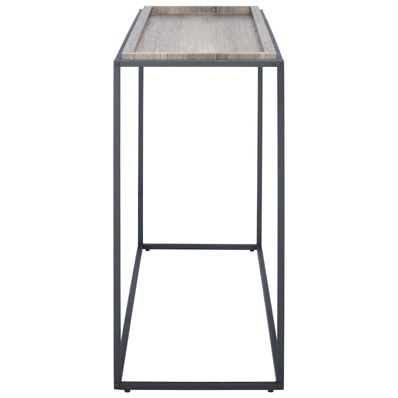 Table console minimaliste moderne avec structure en métal noir et plateau en bois