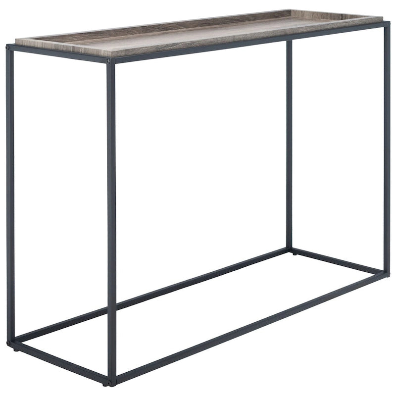 Table console minimaliste moderne avec structure en métal noir et plateau en bois