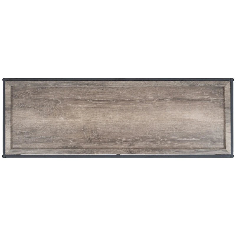 Table console minimaliste moderne avec structure en métal noir et plateau en bois