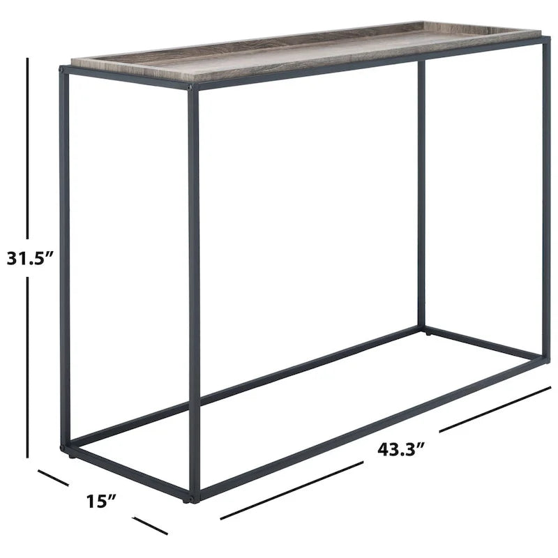 Table console minimaliste moderne avec structure en métal noir et plateau en bois