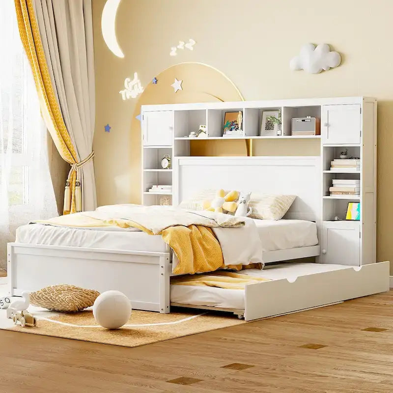 Lit Queen Size en Bois avec Armoire Tout-en-un et Prises Intégrées