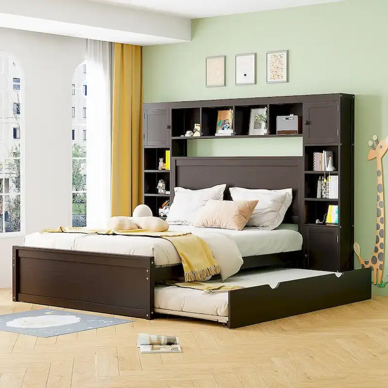 Lit Queen Size en Bois avec Armoire Tout-en-un et Prises Intégrées