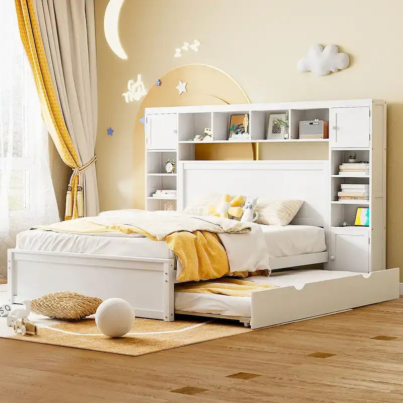 Lit Queen Size en Bois avec Armoire Tout-en-un et Prises Intégrées