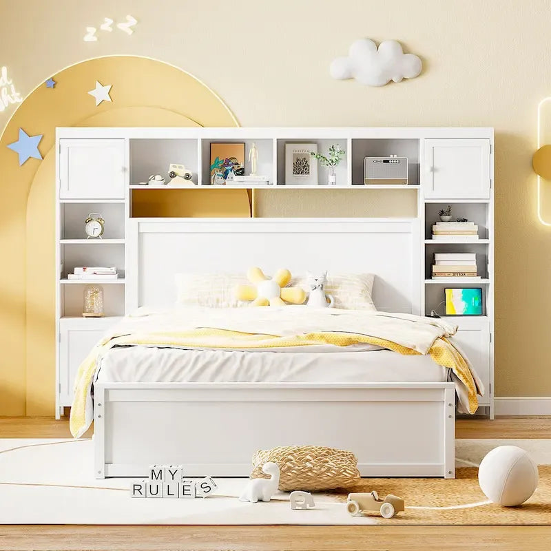 Lit Queen Size en Bois avec Armoire Tout-en-un et Prises Intégrées