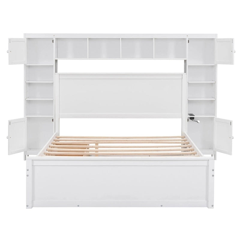 Lit Queen Size en Bois avec Armoire Tout-en-un et Prises Intégrées