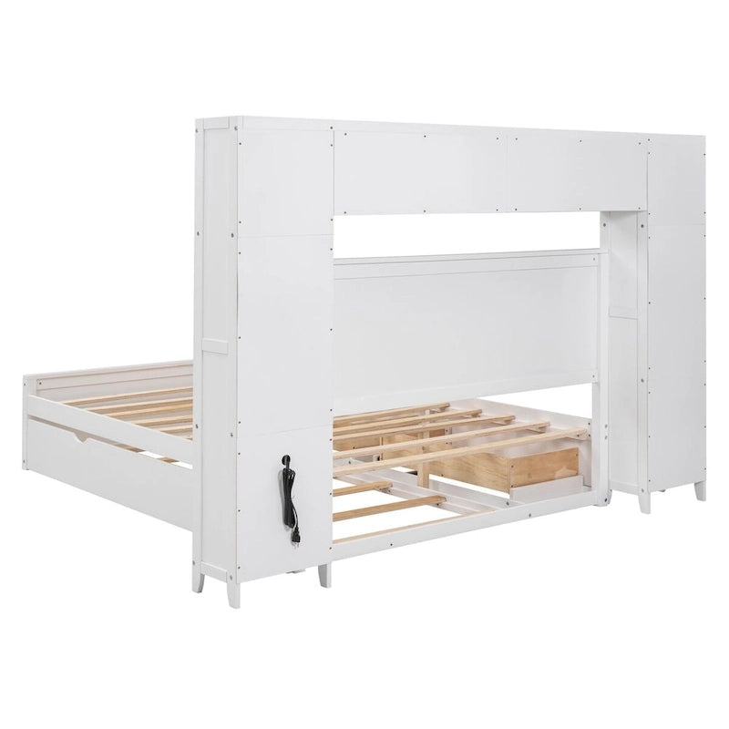 Lit Queen Size en Bois avec Armoire Tout-en-un et Prises Intégrées
