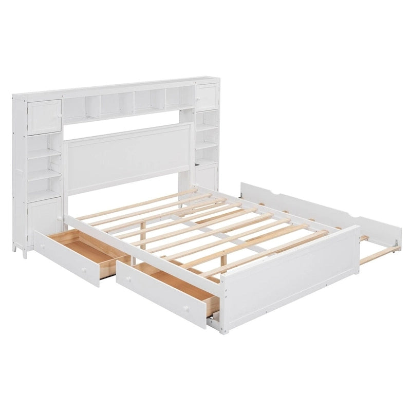 Lit Queen Size en Bois avec Armoire Tout-en-un et Prises Intégrées