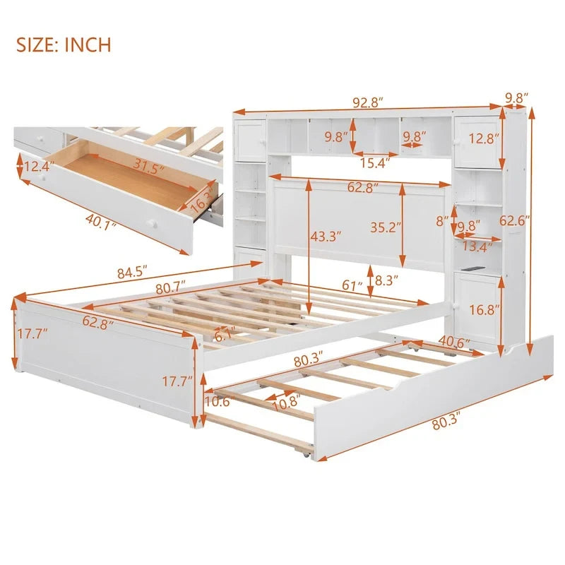 Lit Queen Size en Bois avec Armoire Tout-en-un et Prises Intégrées