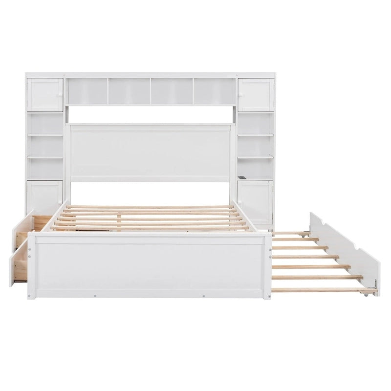Lit Queen Size en Bois avec Armoire Tout-en-un et Prises Intégrées