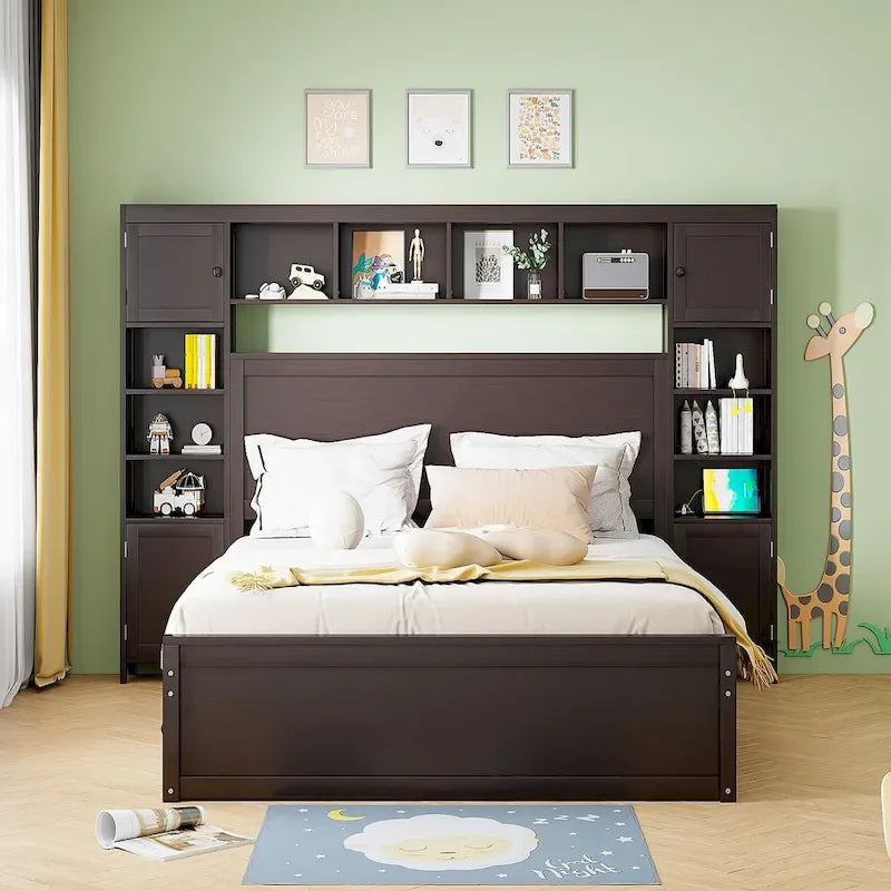 Lit Queen Size en Bois avec Armoire Tout-en-un et Prises Intégrées