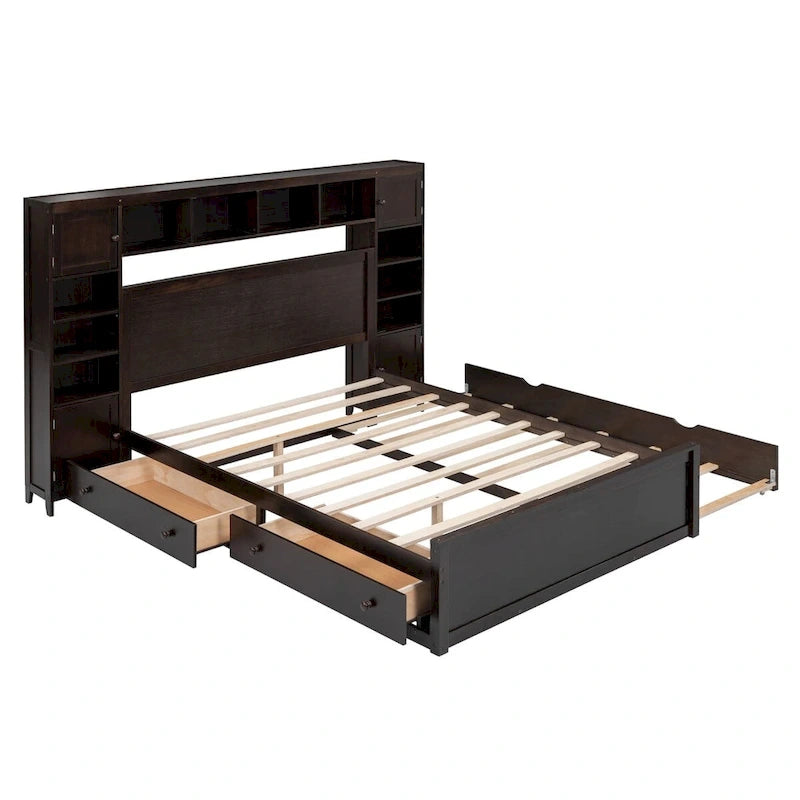 Lit Queen Size en Bois avec Armoire Tout-en-un et Prises Intégrées