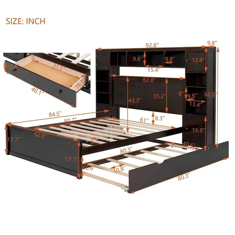 Lit Queen Size en Bois avec Armoire Tout-en-un et Prises Intégrées