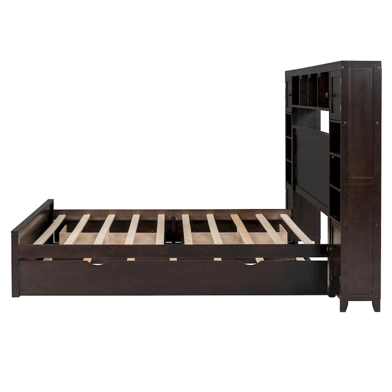 Lit Queen Size en Bois avec Armoire Tout-en-un et Prises Intégrées
