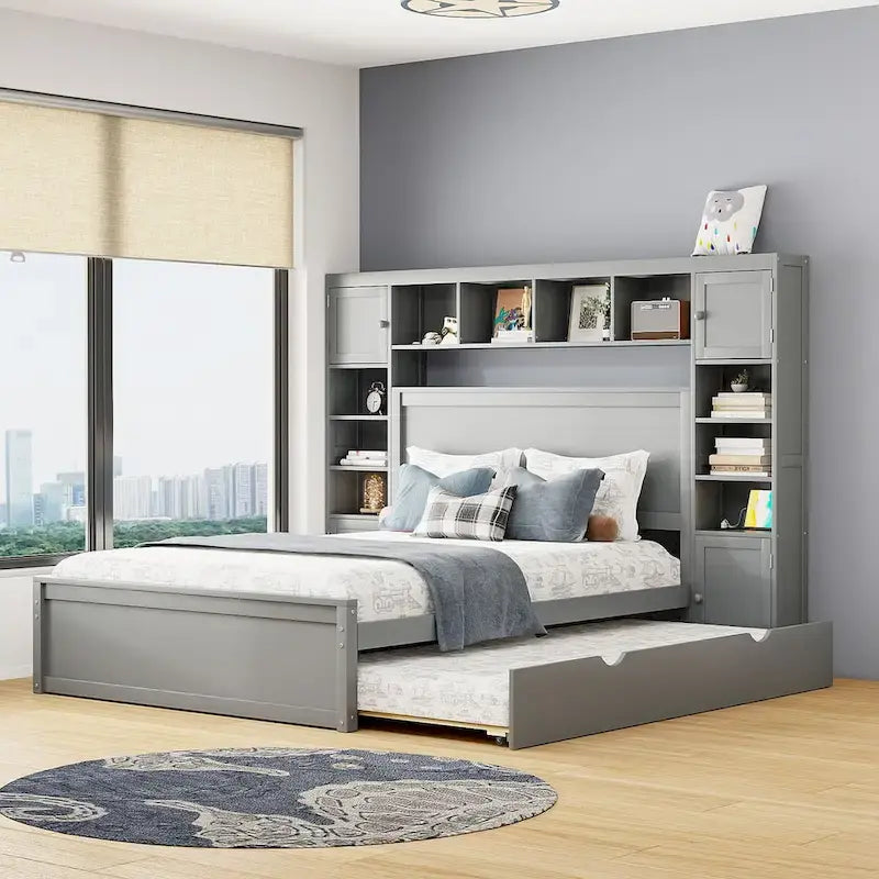 Lit Queen Size en Bois avec Armoire Tout-en-un et Prises Intégrées